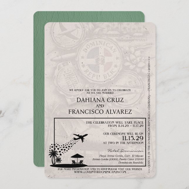 Invitación Boda de pasaporte de República Dominicana Verde (Anverso / Reverso)