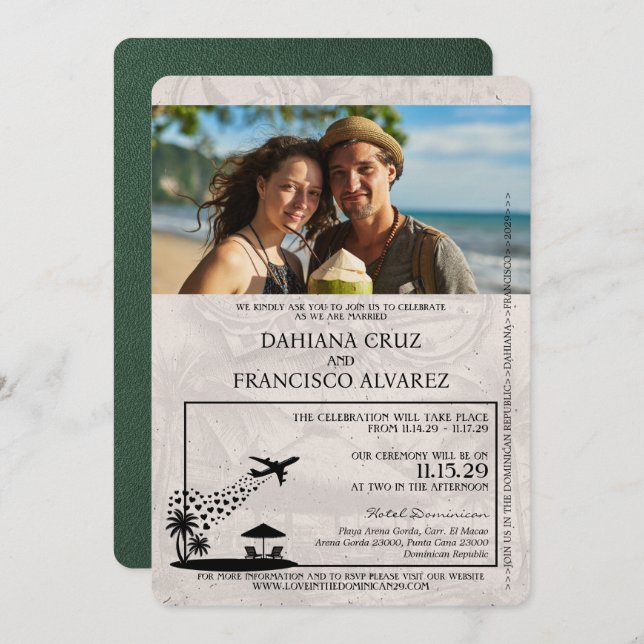 Invitación Boda de pasaporte de República Dominicana Verde (Anverso / Reverso)
