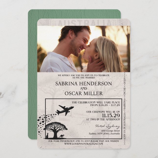 Invitación Boda de Pasaporte de Sage Green Australia (Anverso / Reverso)
