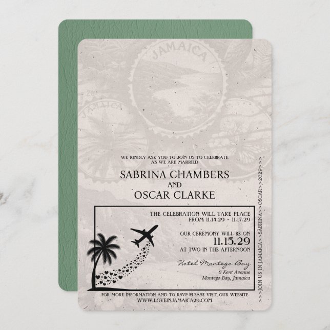 Invitación Boda de Pasaporte de Sage Green Jamaica (Anverso / Reverso)