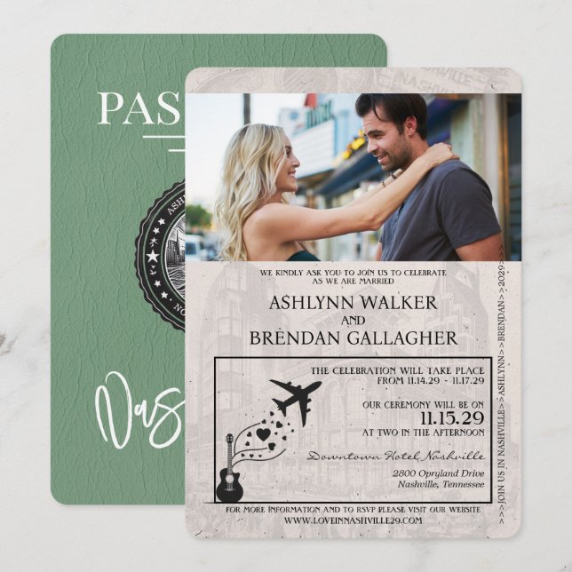 Invitación Boda de Pasaporte de Sage Green Nashville (Anverso / Reverso)