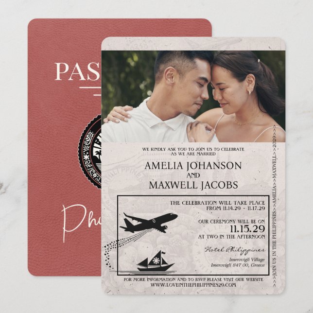 Invitación Boda de pasaporte filipino ligero de Borgoña (Anverso / Reverso)