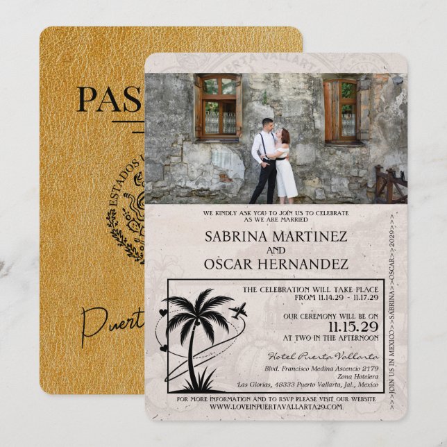 Invitación Boda de pasaporte Gold Puerta Vallarta (Anverso / Reverso)
