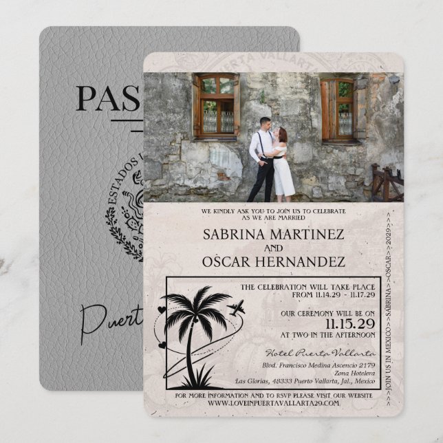 Invitación Boda de pasaporte Gray Puerta Vallarta (Anverso / Reverso)