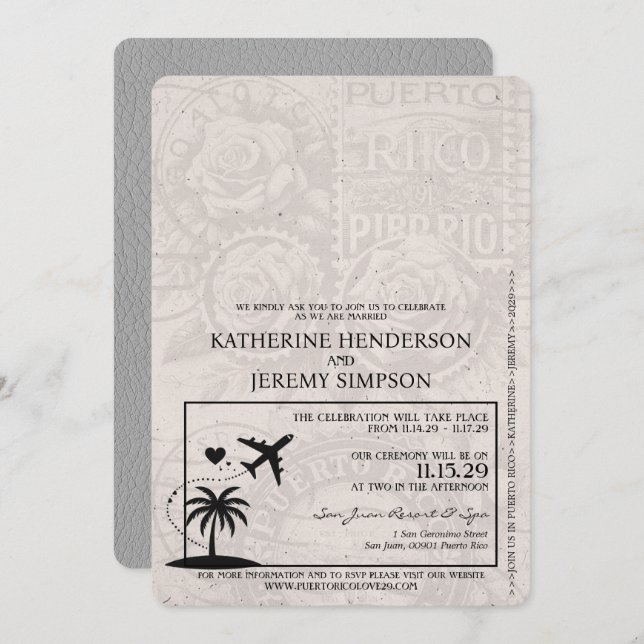 Invitación Boda de pasaporte gris de Puerto Rico (Anverso / Reverso)