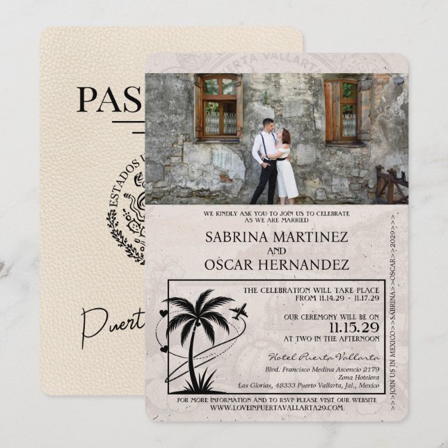 Invitación Boda de pasaporte Ivory Puerta Vallarta (Anverso / Reverso)