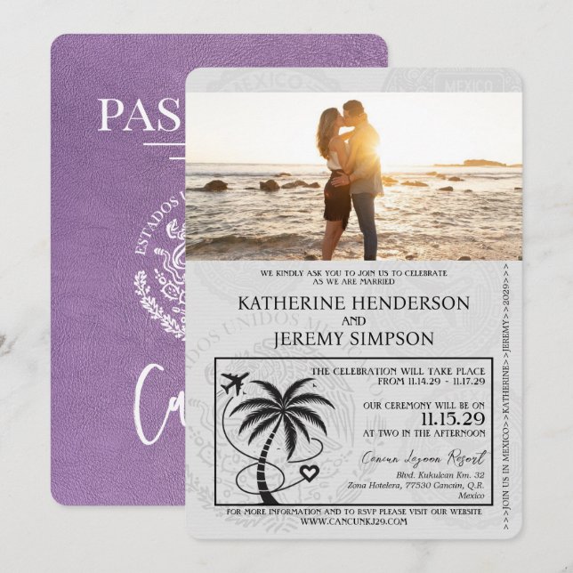 Invitación Boda de Pasaporte Lavender Purple Cancun (Anverso / Reverso)