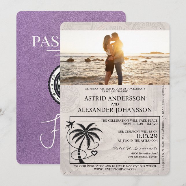 Invitación Boda de Pasaporte Lavender Purple Florida (Anverso / Reverso)