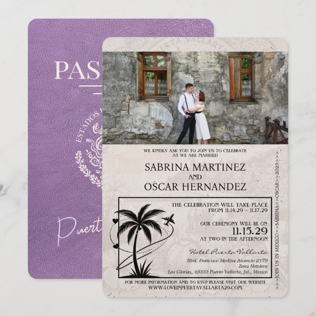 Invitación Boda de Pasaporte Lavender Purple Puerta Vallarta (Anverso / Reverso)