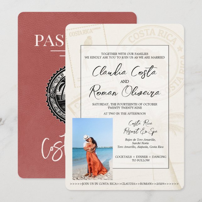 Invitación Boda de pasaporte ligero de Borgoña Costa Rica (Anverso / Reverso)