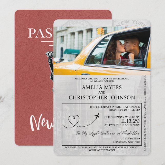 Invitación Boda de pasaporte ligero de Borgoña en Nueva York (Anverso / Reverso)
