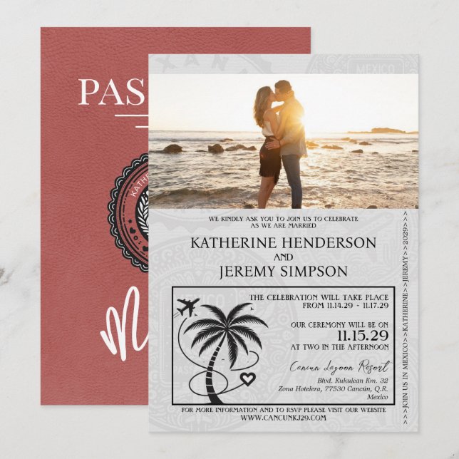 Invitación Boda de pasaporte ligero de Borgoña México (Anverso / Reverso)