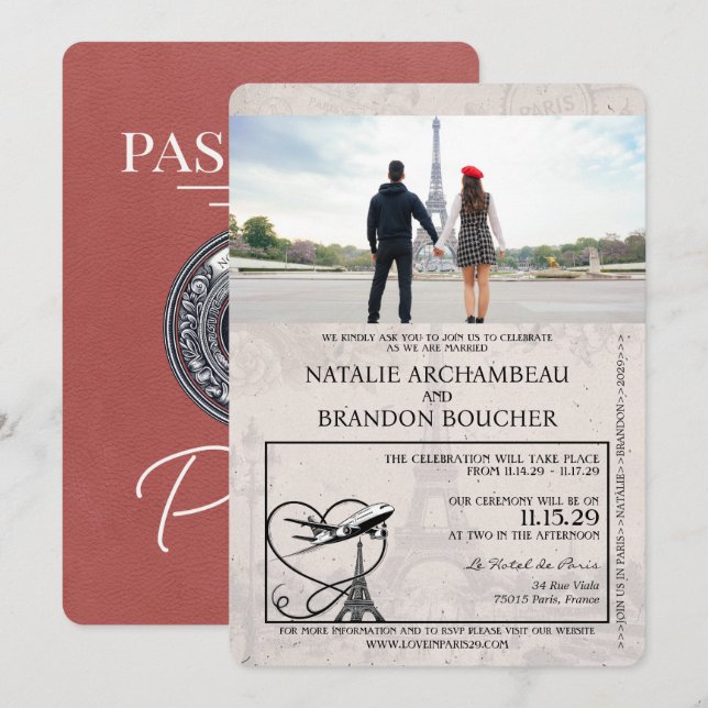 Invitación Boda de pasaporte ligero de Borgoña París (Anverso / Reverso)