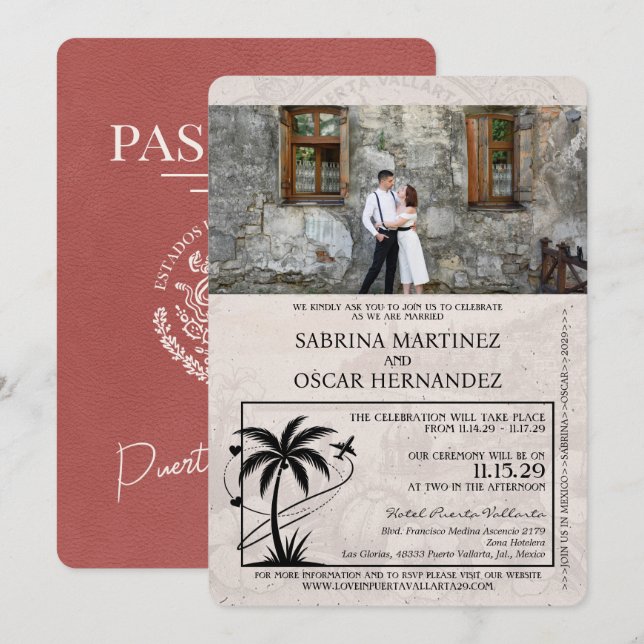 Invitación Boda de pasaporte ligero de Borgoña Puerta Vallart (Anverso / Reverso)