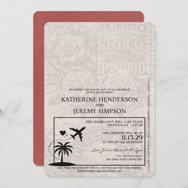Invitación Boda de pasaporte ligero de Borgoña Puerto Rico (Anverso / Reverso)
