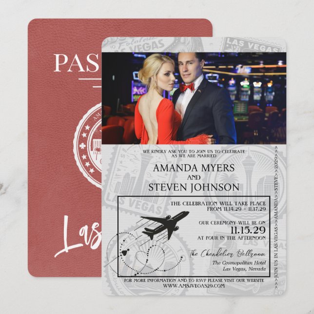 Invitación Boda de pasaporte ligero de Burgundy Las Vegas (Anverso / Reverso)