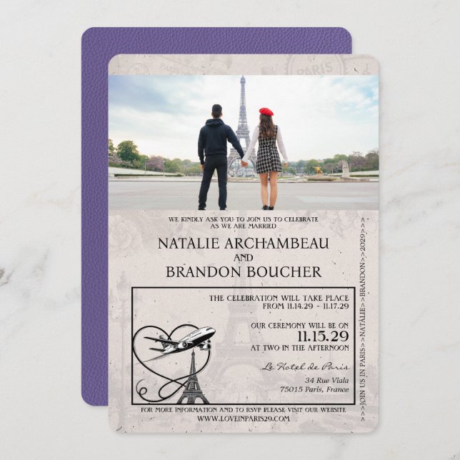 Invitación Boda de Pasaporte Lilac Purple Paris (Anverso / Reverso)