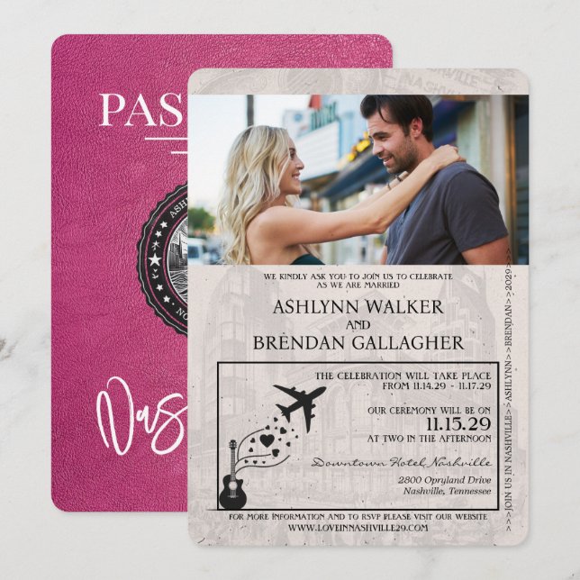 Invitación Boda de Pasaporte Magenta Pink Nashville (Anverso / Reverso)