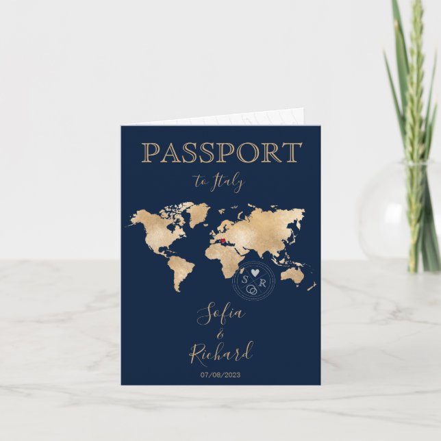 Invitación Boda de pasaporte Mapa mundial de destino Código Q (Anverso)