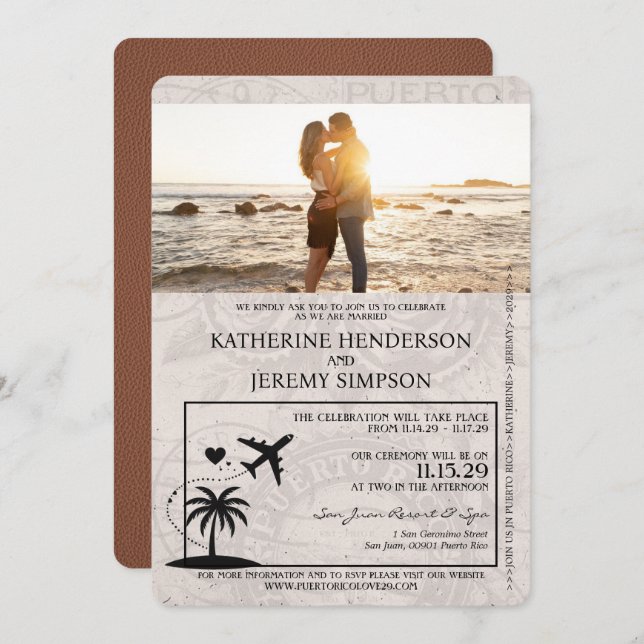 Invitación Boda de pasaporte marrón de Puerto Rico (Anverso / Reverso)