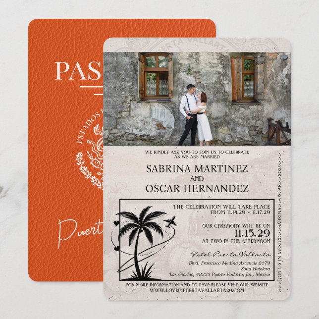 Invitación Boda de pasaporte naranja Puerta Vallarta (Anverso / Reverso)