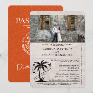 Invitación Boda de pasaporte naranja Puerta Vallarta