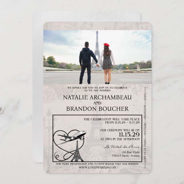 Invitación Boda de pasaporte París blanco (Anverso / Reverso)