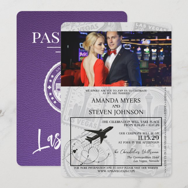 Invitación Boda de Pasaporte Purple Las Vegas (Anverso / Reverso)
