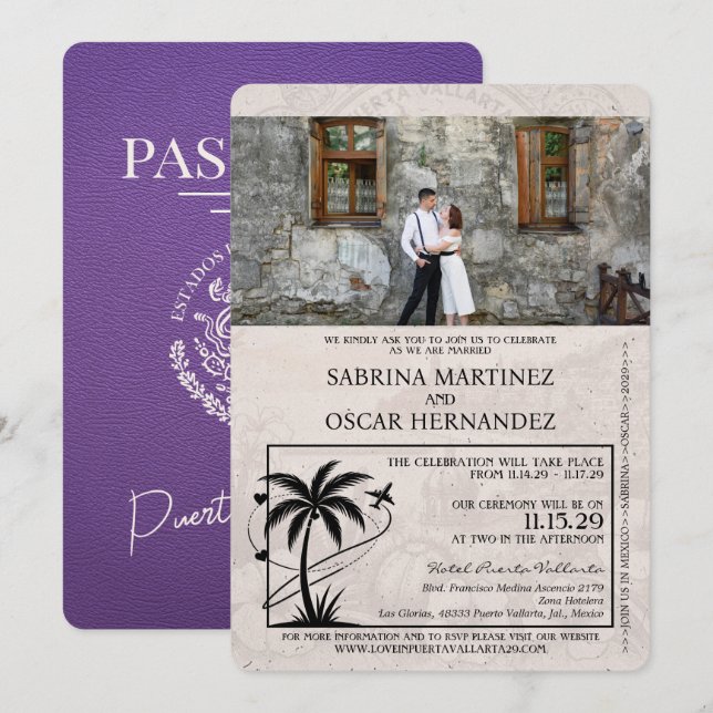 Invitación Boda de pasaporte Purple Puerta Vallarta (Anverso / Reverso)