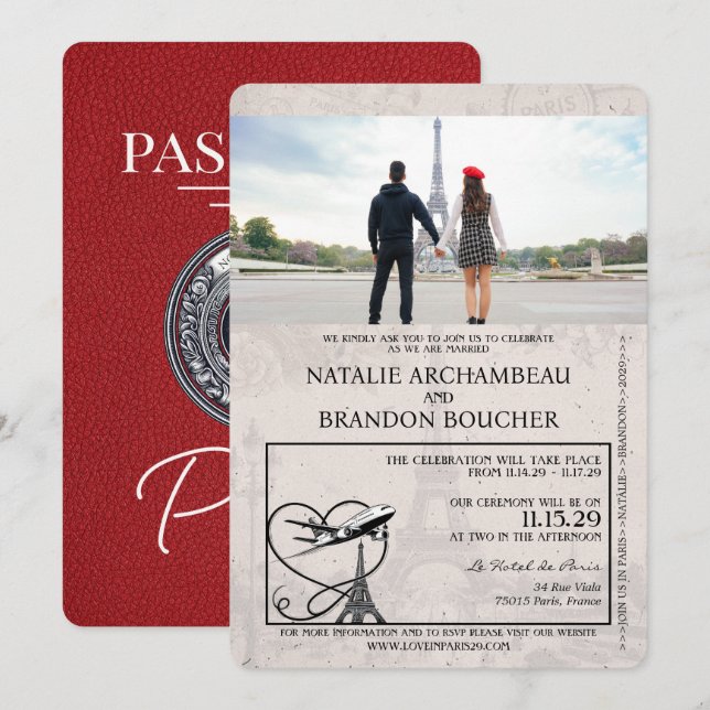 Invitación Boda de Pasaporte Red Paris (Anverso / Reverso)
