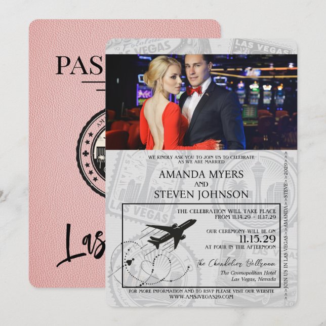 Invitación Boda de Pasaporte Rosa Las Vegas (Anverso / Reverso)