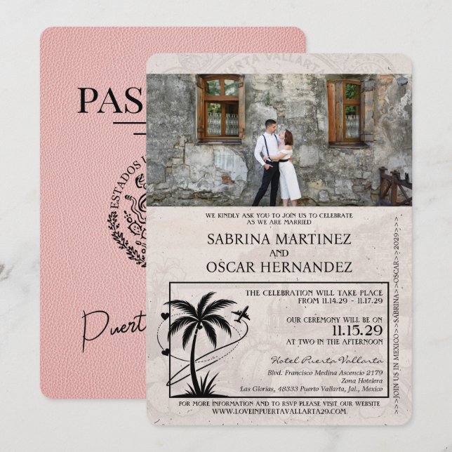 Invitación Boda de Pasaporte Rosa Puerta Vallarta (Anverso / Reverso)