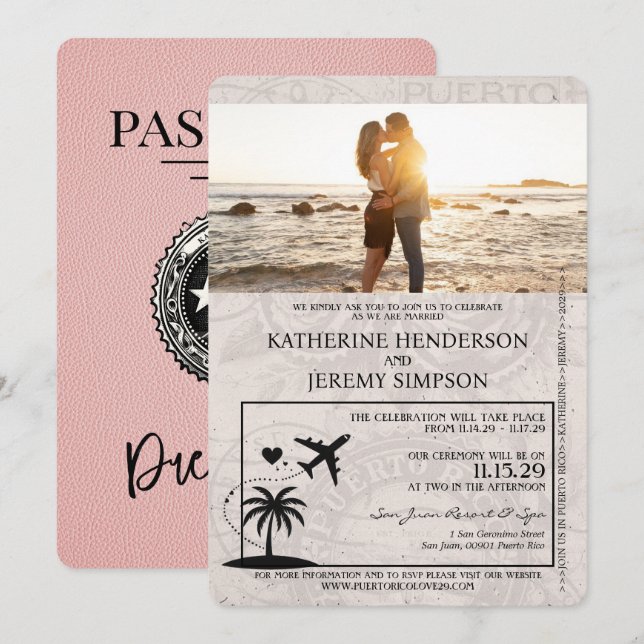 Invitación Boda de pasaporte rosado de Puerto Rico (Anverso / Reverso)