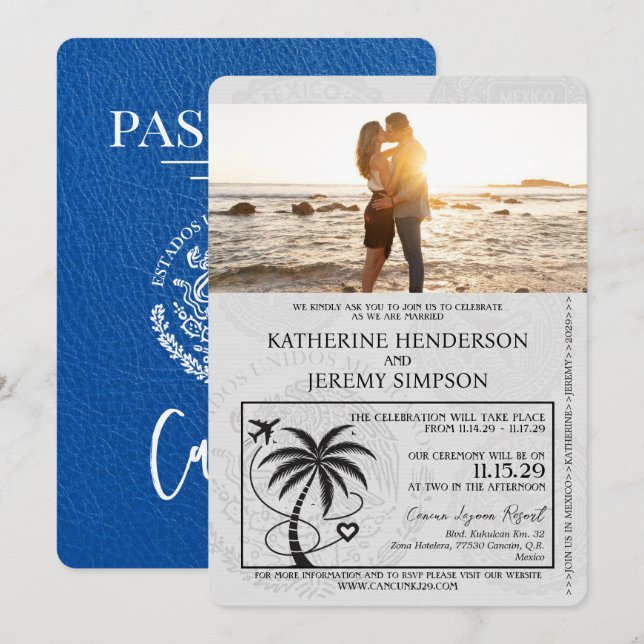 Invitación Boda de Pasaporte Royal Blue Cancun (Anverso / Reverso)