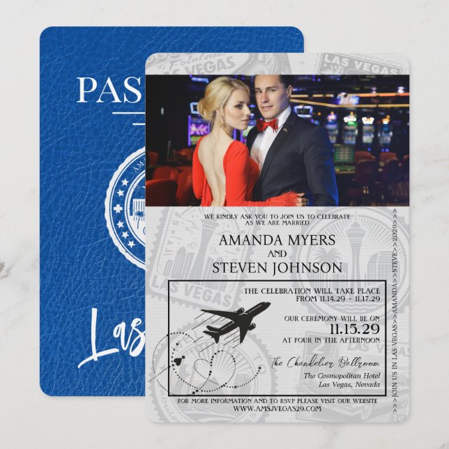 Invitación Boda de Pasaporte Royal Blue Las Vegas (Anverso / Reverso)