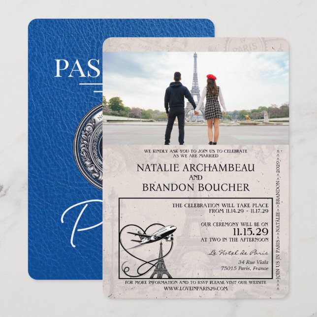 Invitación Boda de Pasaporte Royal Blue Paris (Anverso / Reverso)