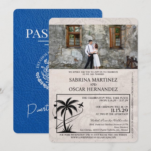 Invitación Boda de pasaporte Royal Blue Puerta Vallarta (Anverso / Reverso)
