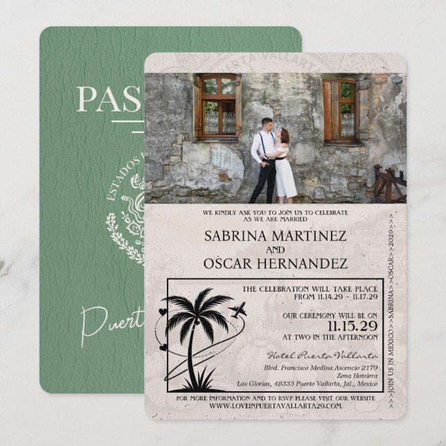 Invitación Boda de pasaporte Sage Green Puerta Vallarta (Anverso / Reverso)