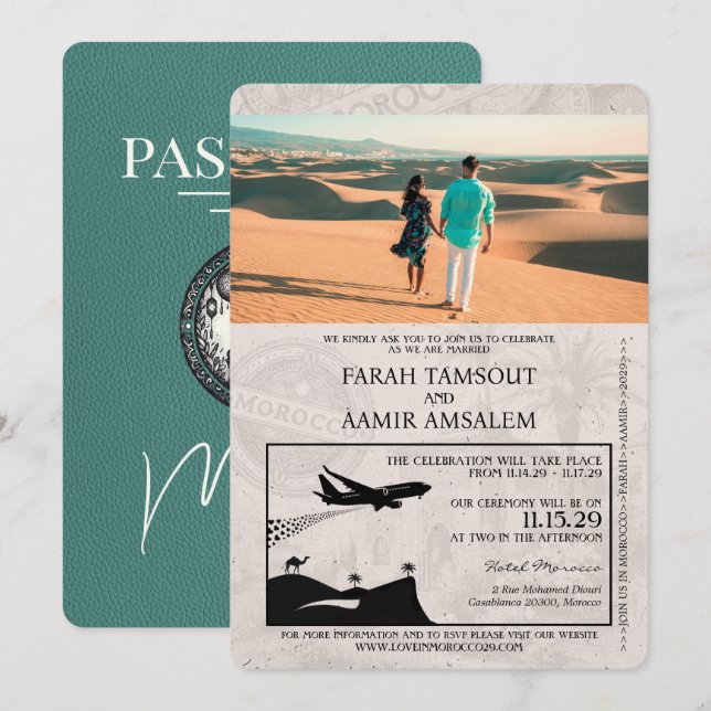 Invitación Boda de pasaporte turquesa púrpura marroquí (Anverso / Reverso)
