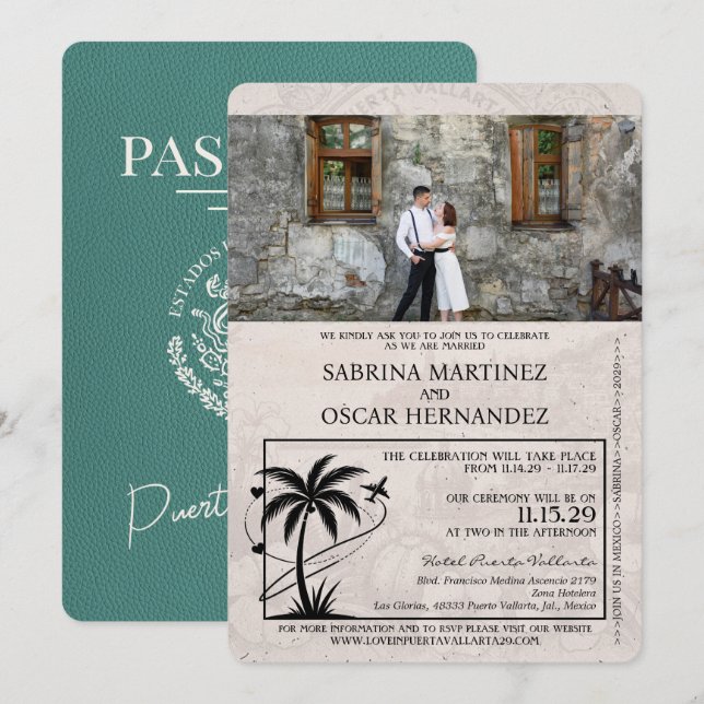 Invitación Boda de Pasaporte Turquoise Puerta Vallarta (Anverso / Reverso)