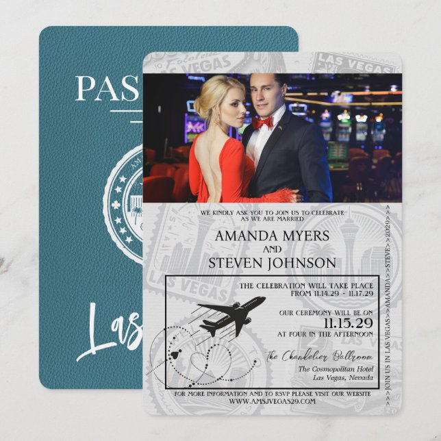 Invitación Boda de pasaporte verde azulado de Las Vegas (Anverso / Reverso)