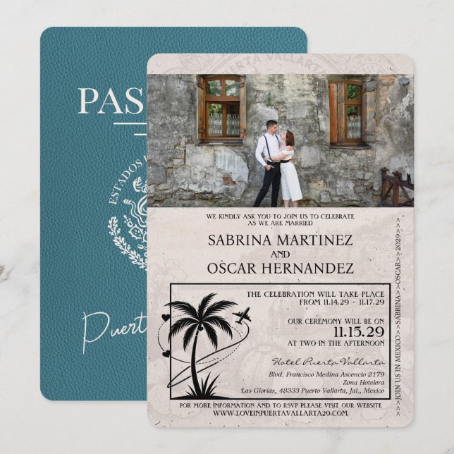Invitación Boda de pasaporte verde azulado de Puerta Vallarta (Anverso / Reverso)