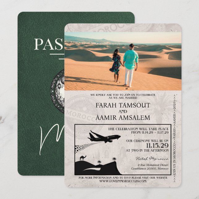 Invitación Boda de pasaporte verde de Marruecos (Anverso / Reverso)