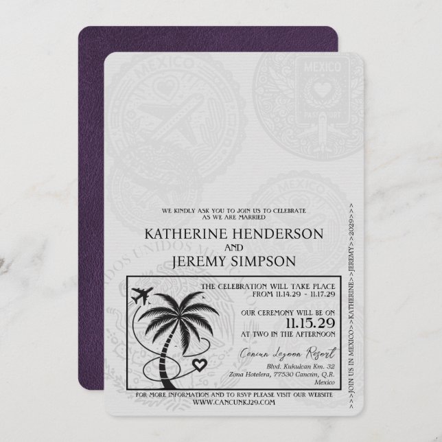 Invitación Boda de Pasaporte Violet Purple Cancun (Anverso / Reverso)
