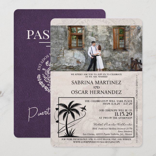 Invitación Boda de pasaporte Violet Purple Puerta Vallarta (Anverso / Reverso)