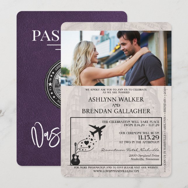 Invitación Boda de Pasaporte Violet PurpleNashville (Anverso / Reverso)