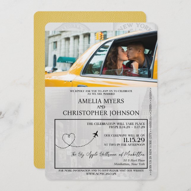 Invitación Boda de pasaportes amarillo de la ciudad de Nueva  (Anverso / Reverso)