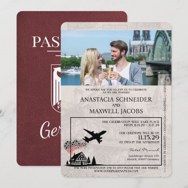 Invitación Boda de pasaportes de Alemania Borgoña (Anverso / Reverso)