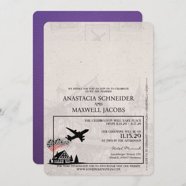 Invitación Boda de Pasaportes de Alemania Púrpura (Anverso / Reverso)