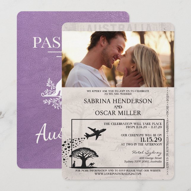 Invitación Boda de pasaportes de Australia morado Lavender (Anverso / Reverso)